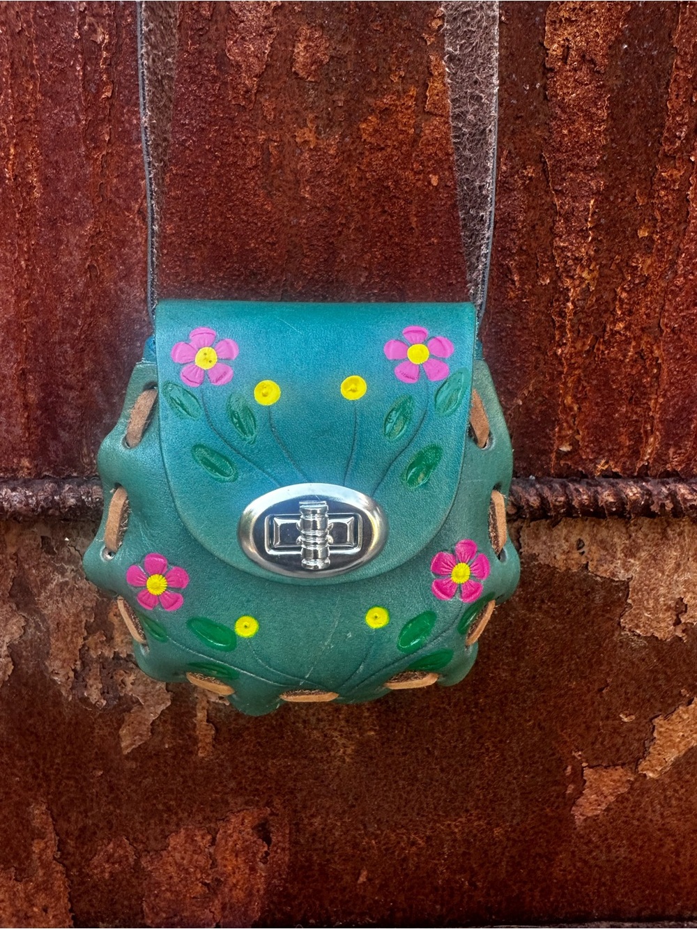 Vintage 70s Mexican Floral Butterfly Leather Mini Crossbody Halloween Festival